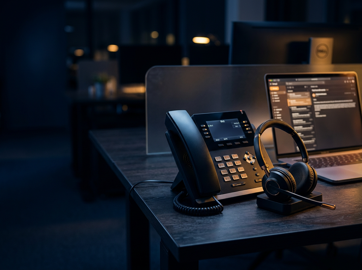 Telefone IP corporativo e headset sobre mesa de escritório